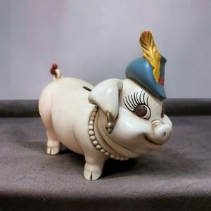 Vintage Piggy Bank Hand Painted 1970 Anthropomorphic Eyelashes Hat